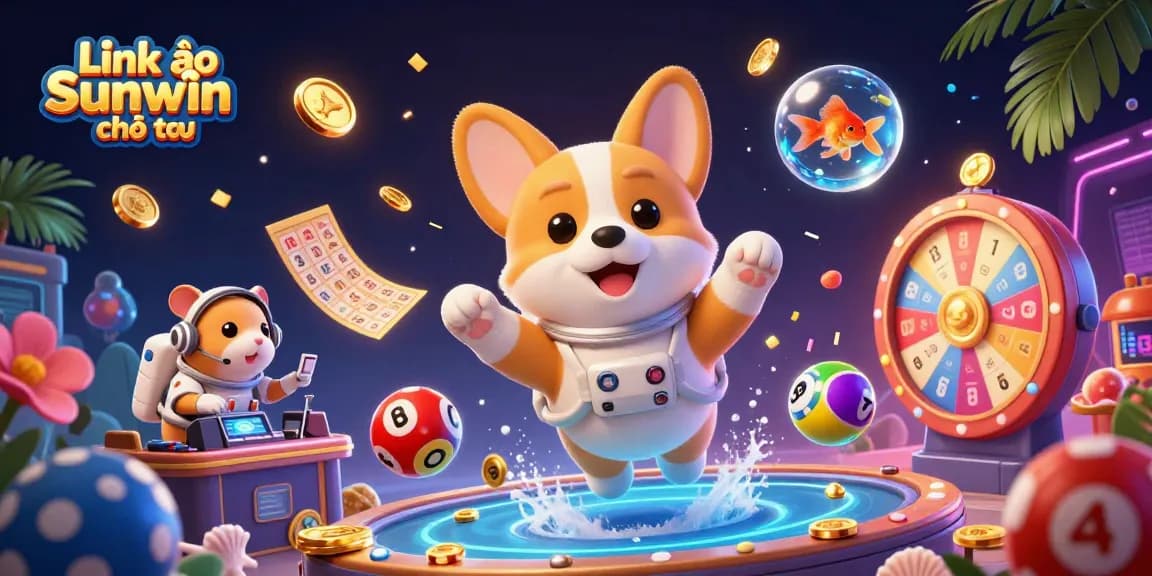 Experience excitement with Link vào Sunwin chính thức as you enjoy floating poker chips and lottery balls in a vibrant casino scene.