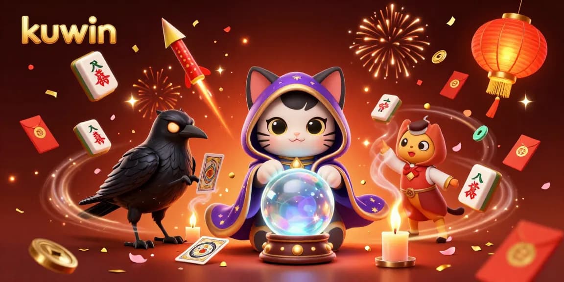 Kuwin-themed casino illustration featuring a mystic cat, raven, and festive elements enhancing gaming excitement.