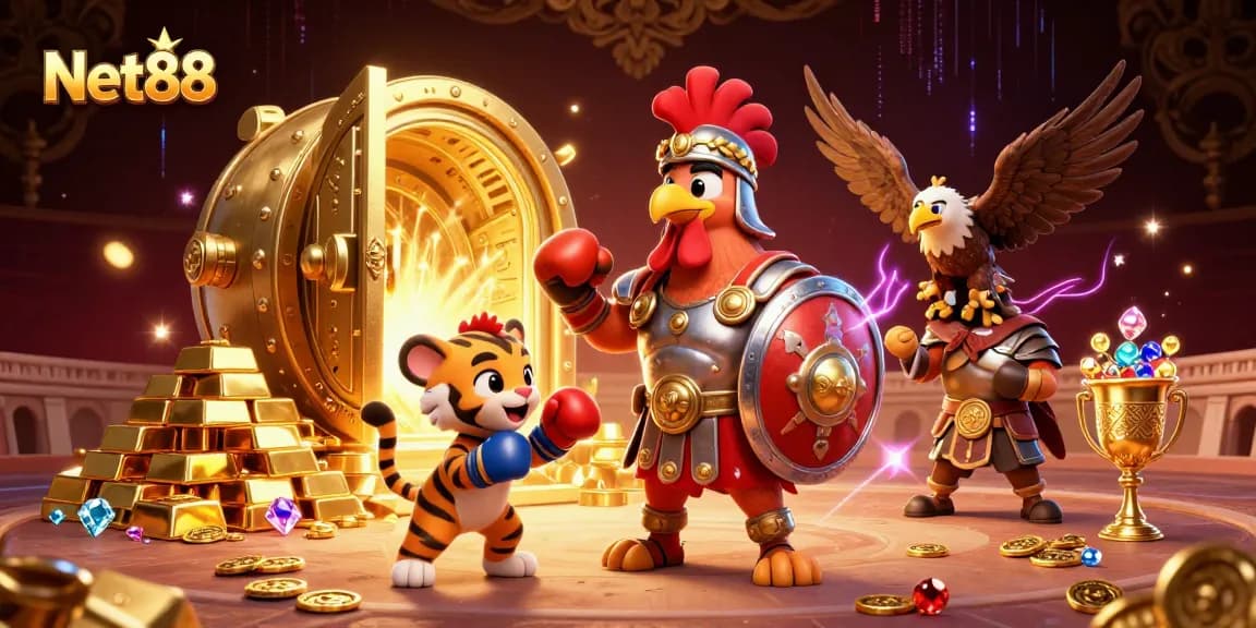 Net88 showcases a vibrant casino scene with rooster and tiger, capturing gambling excitement.