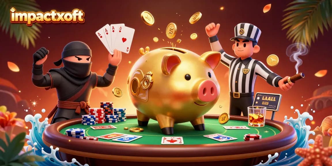 Experience the thrilling scene with impactxoft's golden piggy bank sumo wrestler amidst dynamic poker elements.