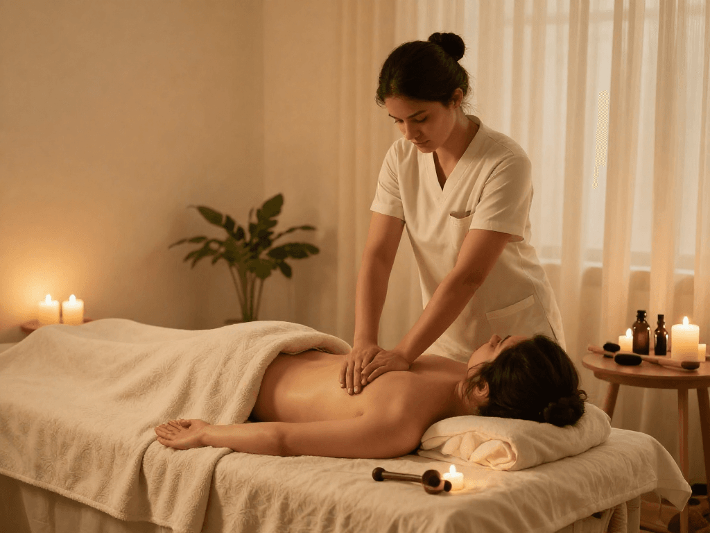 Enjoying a luxurious 성남출장마사지 in a serene home environment with professional care.