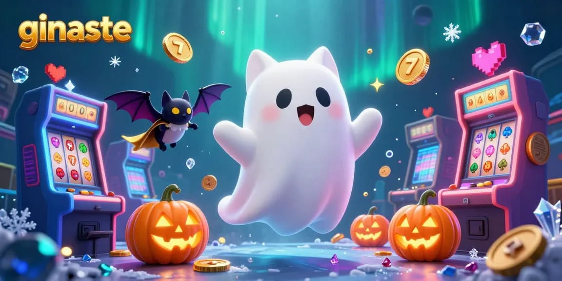 Engage in a thrilling gambling experience at ginaste with vibrant characters and dynamic gaming elements in a ghostly casino.