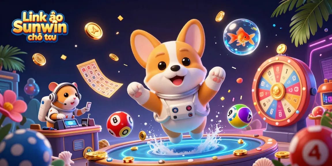 Experience excitement with Link vào Sunwin chính thức as you enjoy floating poker chips and lottery balls in a vibrant casino scene.