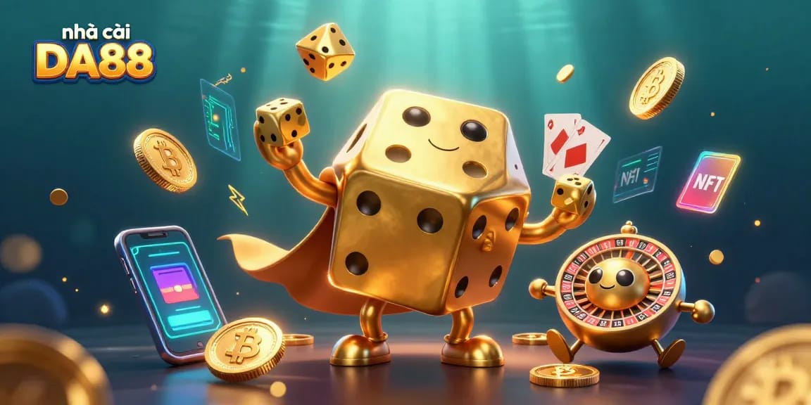 Engage with the thrilling world of nhà cái DA88, where a golden dice golem juggles winnings in a vibrant 3D scene.