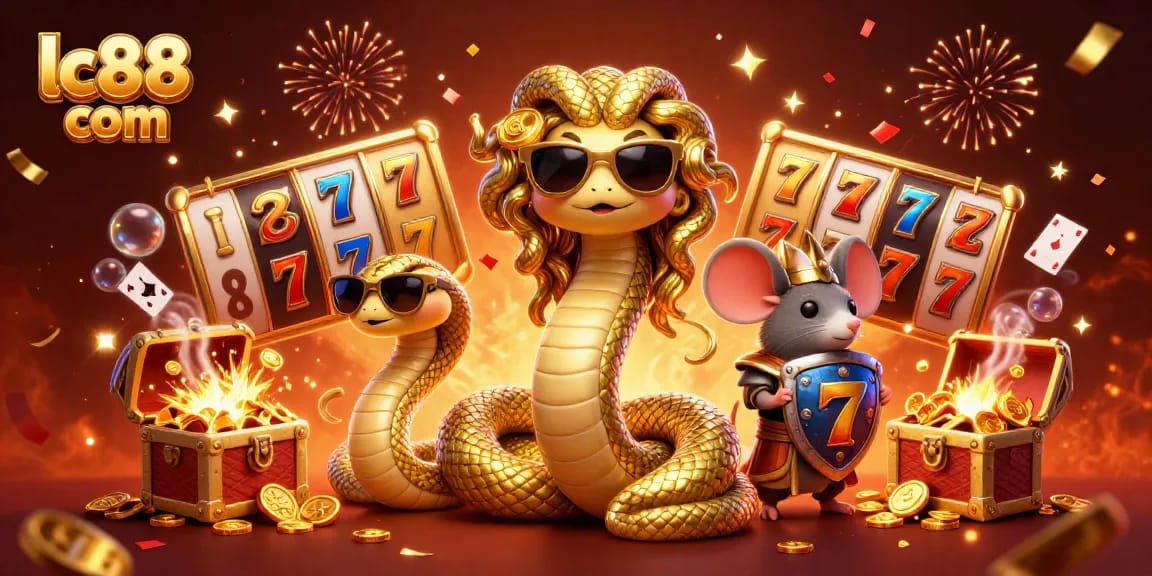 Spin the reels at lc88 com with Medusa and a warrior mouse amidst gold coins and celebratory confetti.