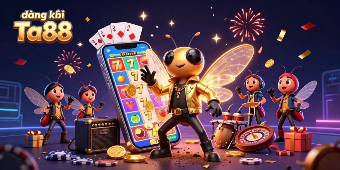 Engage with the thrilling đăng ký Ta88 casino experience featuring vibrant slot game symbols and festive characters.