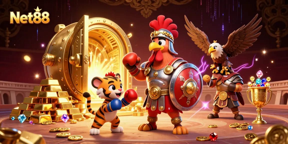 Net88 showcases a vibrant casino scene with rooster and tiger, capturing gambling excitement.