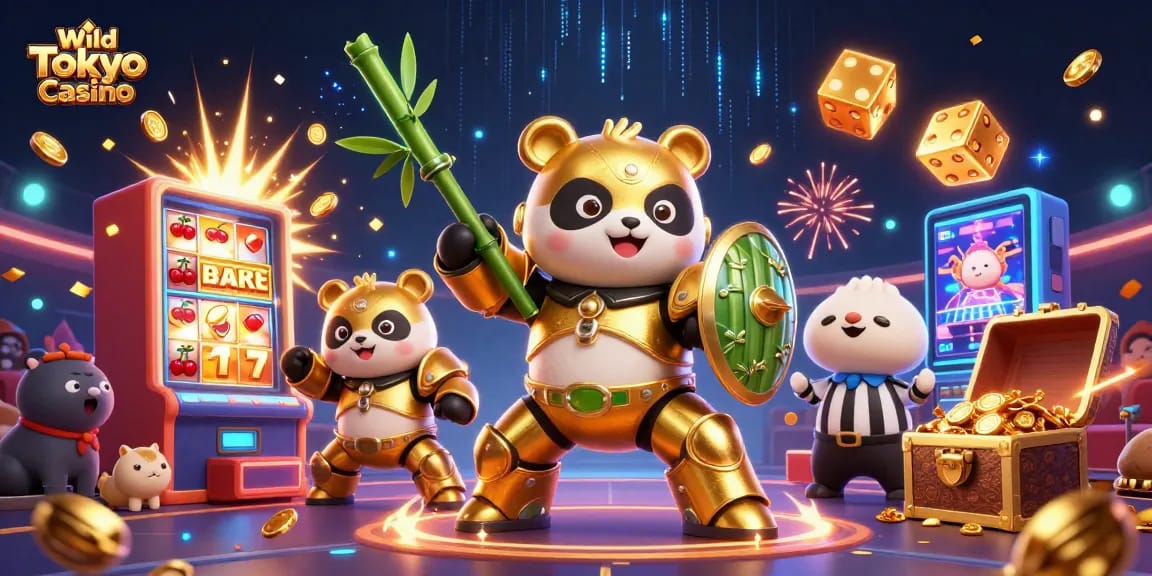 Gioca a Wild Tokyo Casino con il panda dorato in un'atmosfera neon, tra slot machine esplosive e giocate emozionanti.