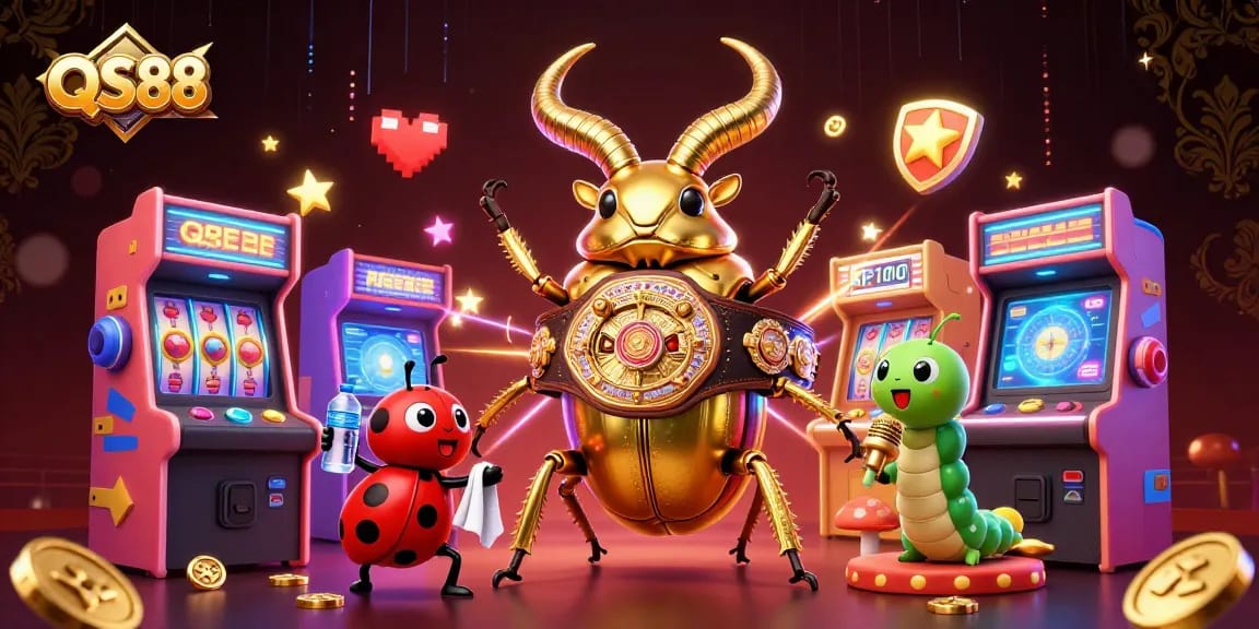 Engage in thrilling gameplay with QS88's vibrant casino-themed 3D illustration, showcasing dynamic characters.