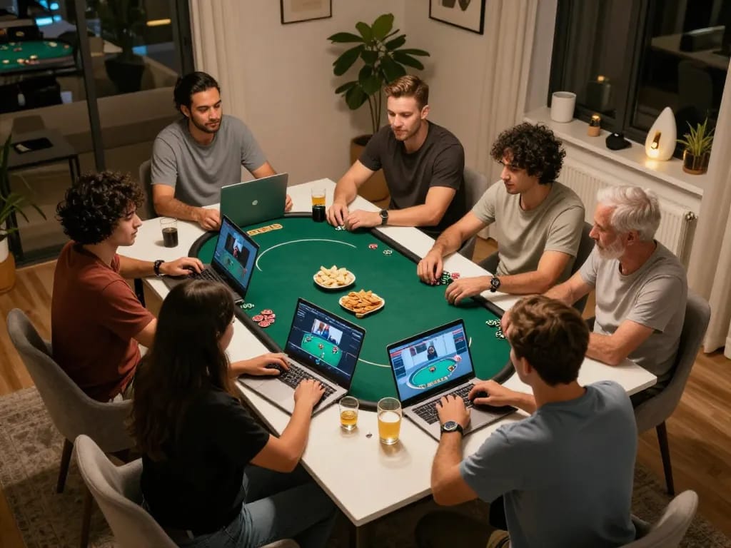 Friends enjoying an online game đổi thưởng uy tín night with laptops and cozy atmosphere.