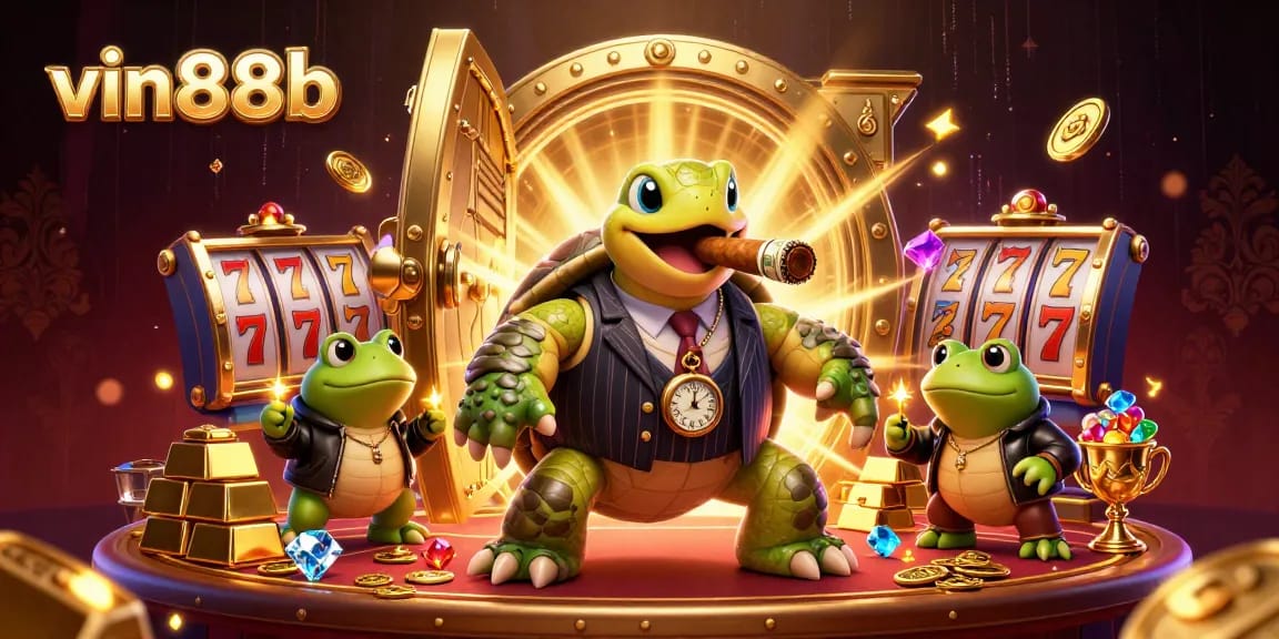 Experience the excitement of vin88b with a dynamic 3D casino scene featuring a mobster turtle and gem treasures.