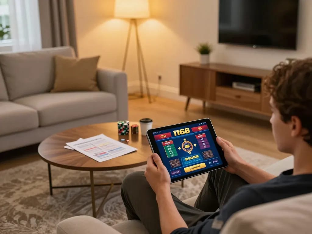 Player enjoying online gaming at f168 casino from home, focused on strategy notes and tablet screen