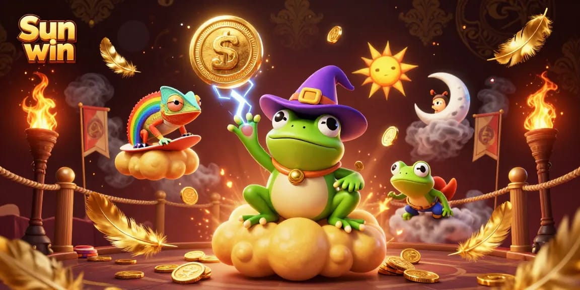 Win big at Sun win as a wizard frog creates a golden coin storm with magical elements.
