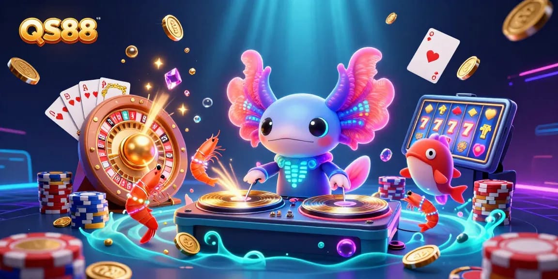 Experience the vibrant QS88 casino scene with lively characters and dynamic gaming elements in a rich underwater theme.