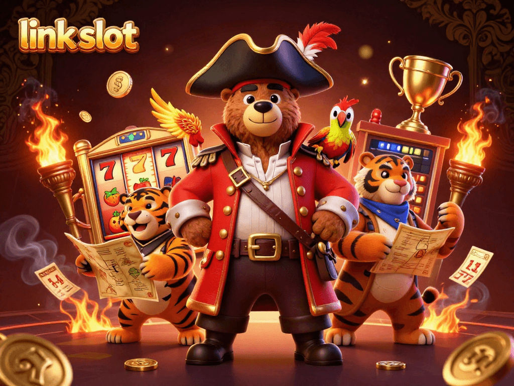 Engage with the exciting link slot game featuring a pirate bear, tiger, and treasures in a dynamic casino scene.