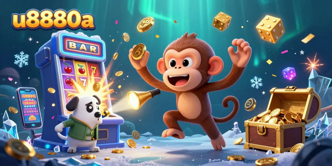 Engage in thrilling casino excitement with u8880a's dynamic jackpot scene featuring a monkey and puppy.