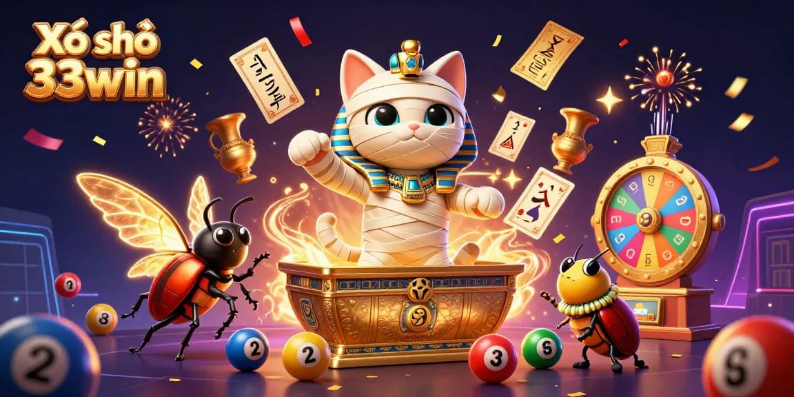 Experience Xổ số 33win with an Egyptian mummy cat bursting from a sarcophagus amidst dynamic lottery elements.