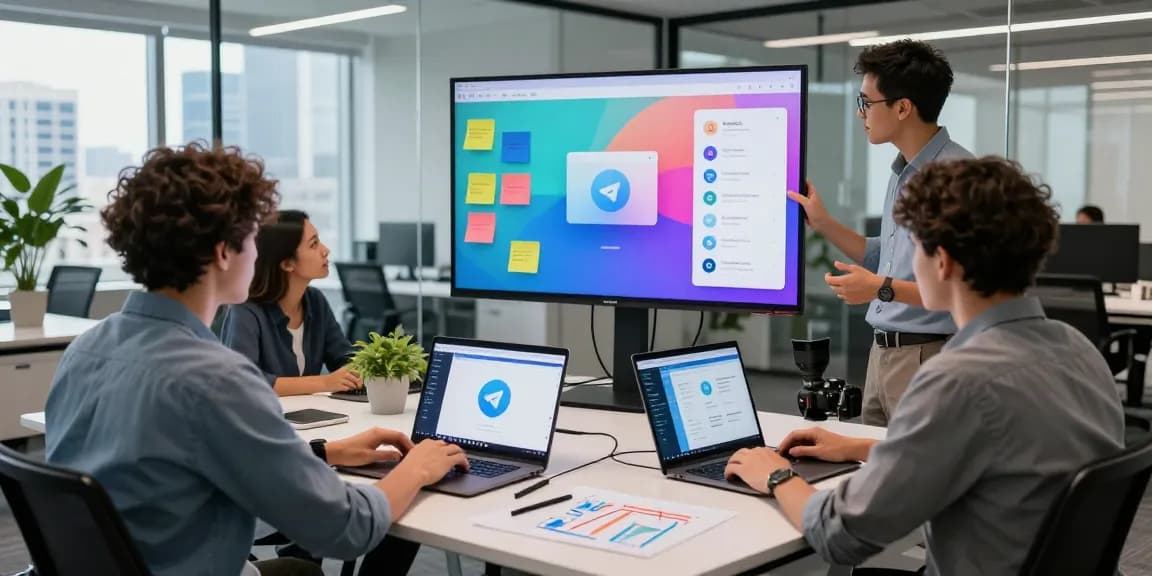 Collaborative session on the latest Telegram web version updates in a modern office.