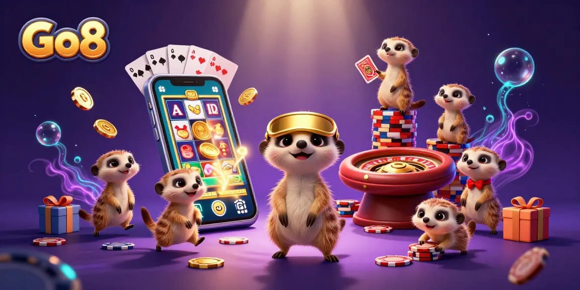 Winning at Go8 involves a dynamic casino scene with meerkats managing games, slot spins, and golden coins.