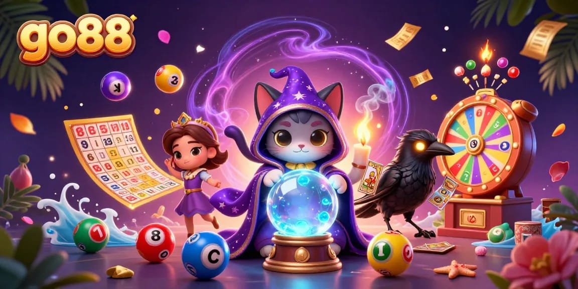 go88 engaging players with vibrant lottery scenes including colorful balls, fortune teller cat, and more.