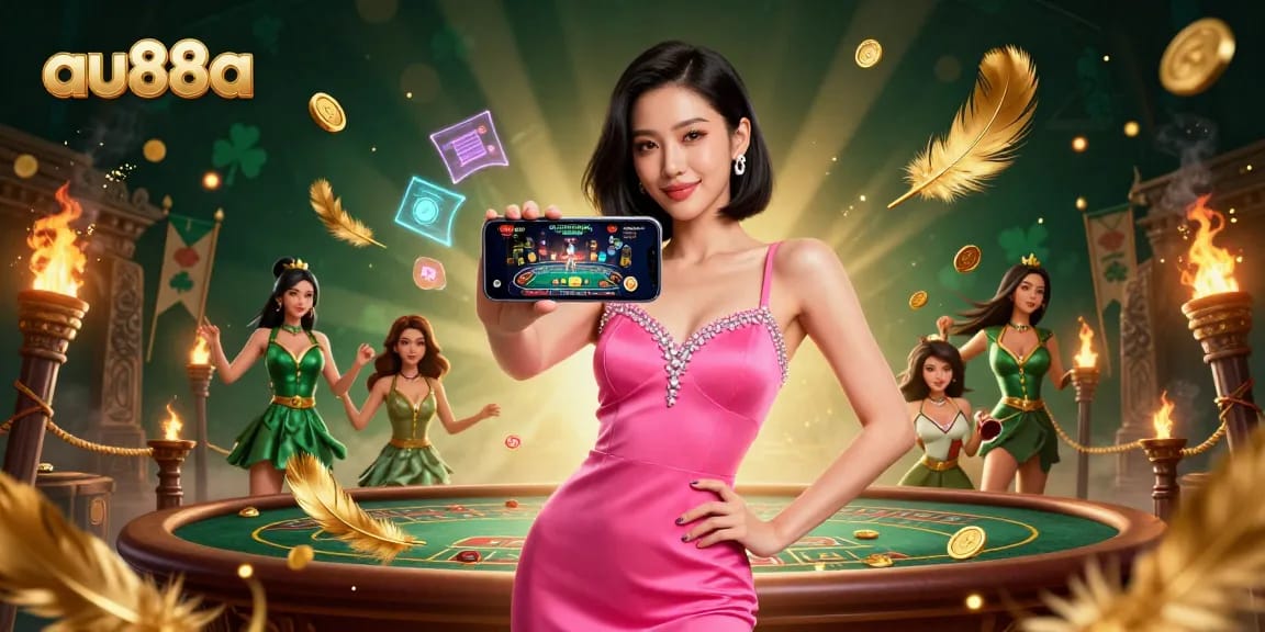 Experience thrilling live dealer games at au88a with a confident woman enjoying her mobile experience.