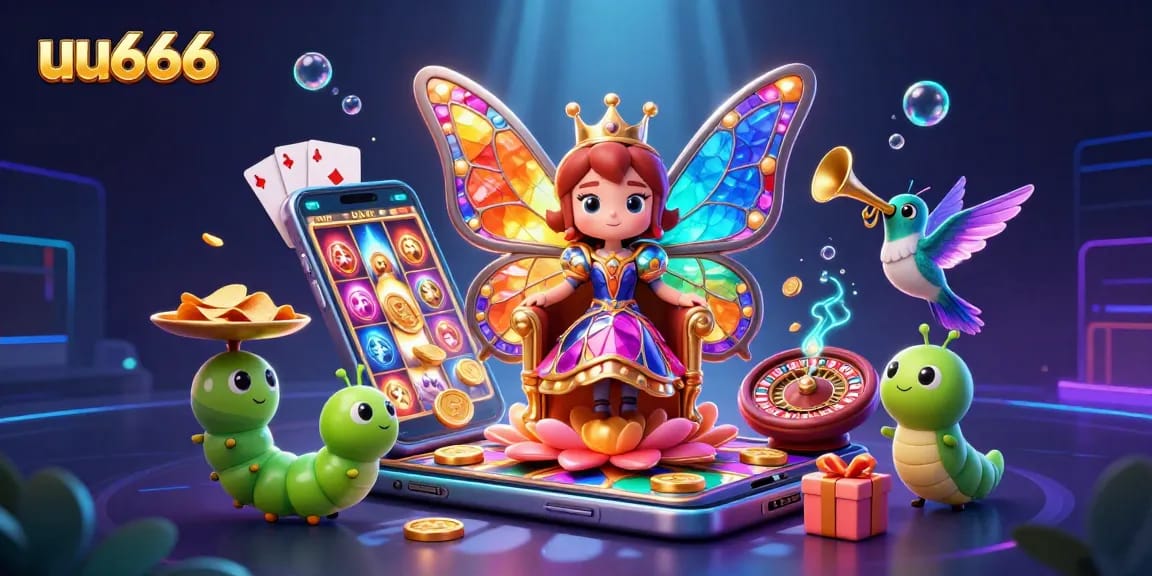 Spin the reels at uu666 in this vibrant casino scene featuring a butterfly queen and colorful game elements.
