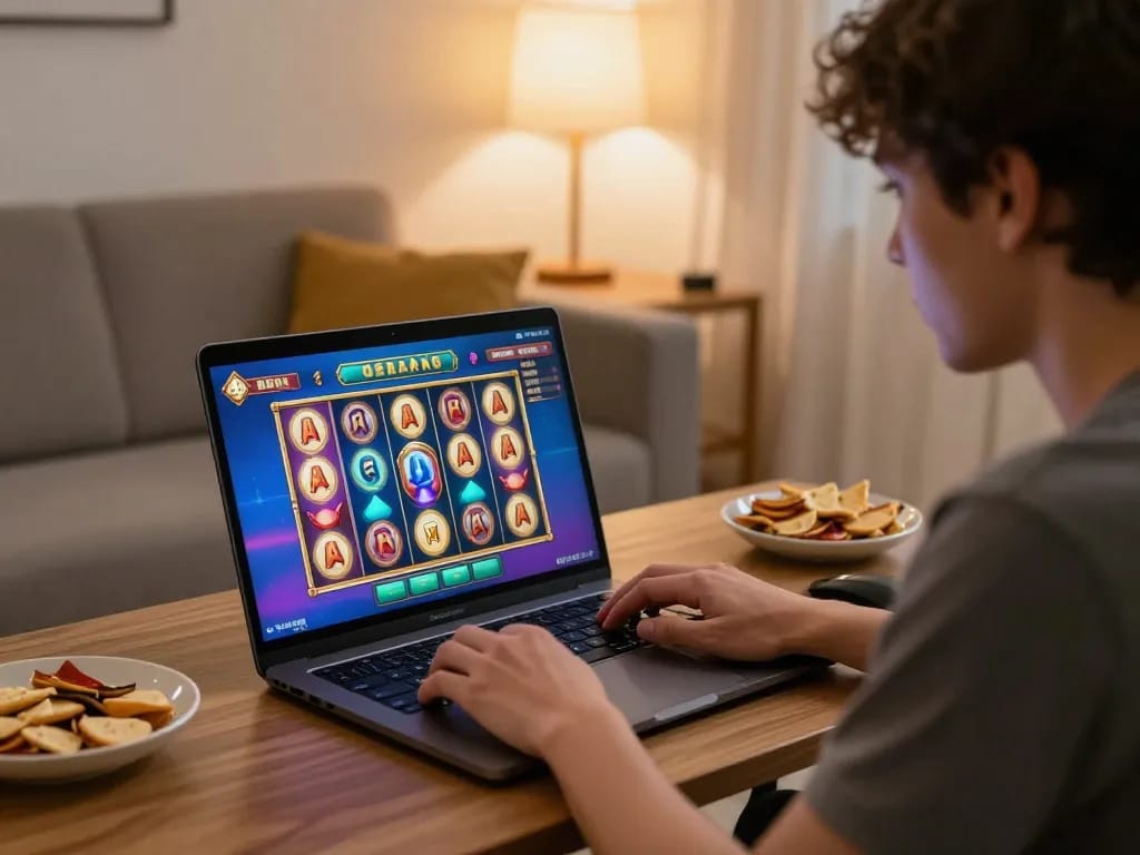 Engaged player immersed in raja slot game on a laptop in a cozy living room.