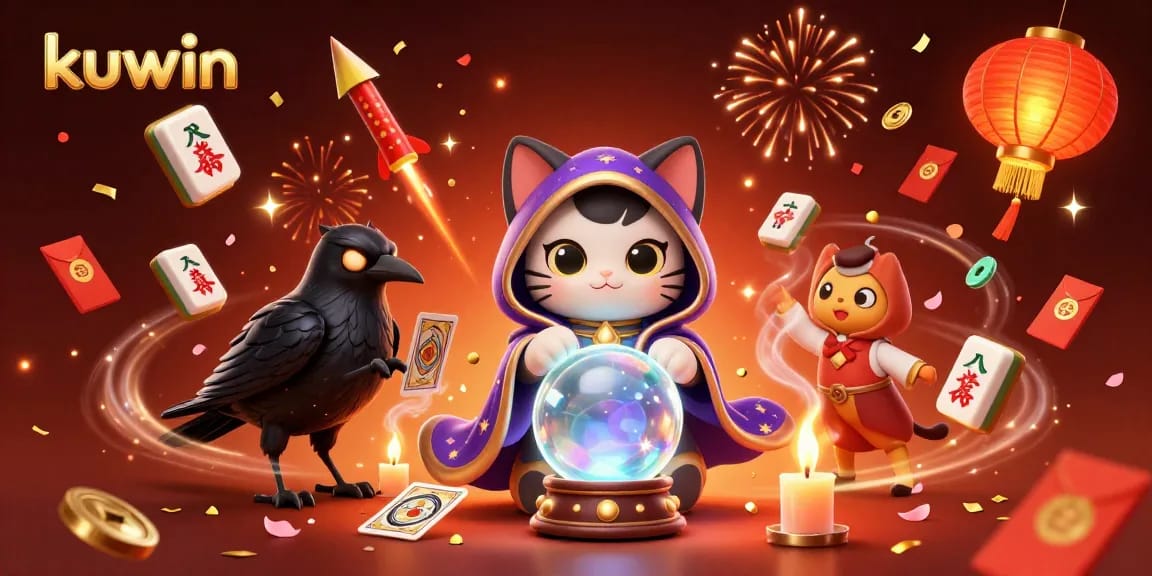 Kuwin-themed casino illustration featuring a mystic cat, raven, and festive elements enhancing gaming excitement.