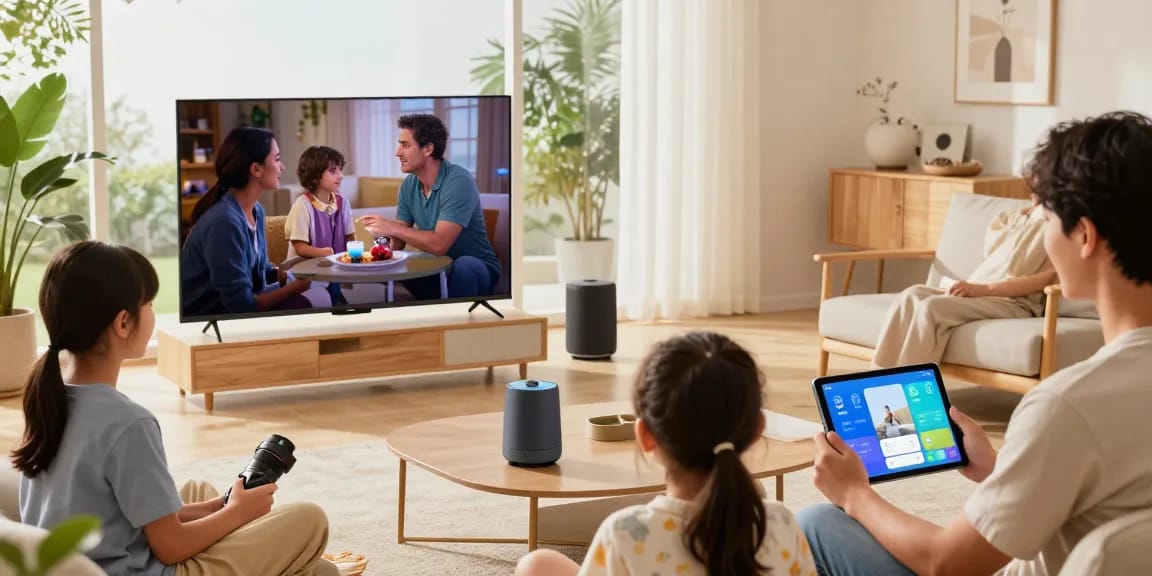 Engaging family scene with rokok88 daftar for modern home electronics.