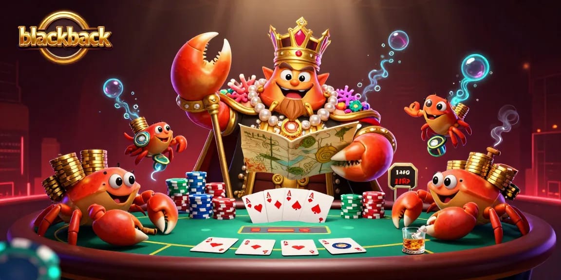 Engage in blackjack with a majestic golden crab emperor and vibrant casino elements.