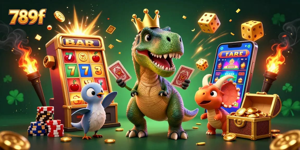 Experience excitement with 789f in a colorful 3D casino scene featuring engaging games and friendly characters.