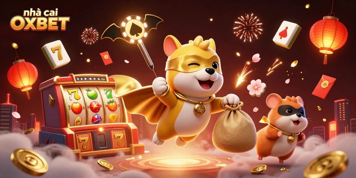 Experience the excitement of nhà cái OXBET with superhero dog and hamster amidst casino action.
