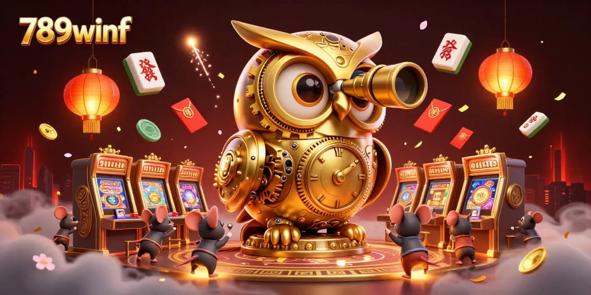 Experience thrilling excitement with 789winf as a golden owl watches over vibrant casino action!