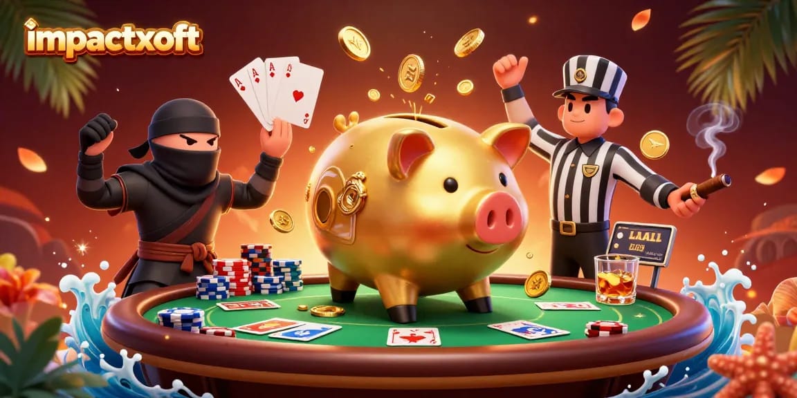 Experience the thrilling scene with impactxoft's golden piggy bank sumo wrestler amidst dynamic poker elements.
