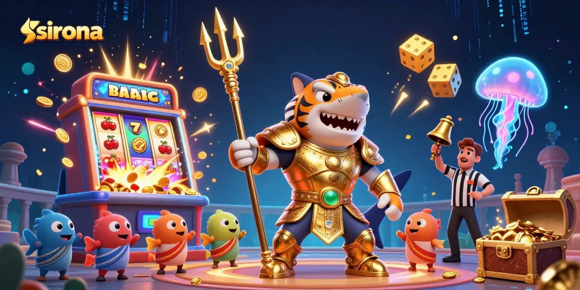 Sirona's vibrant underwater casino scene featuring a gladiator shark and slot machine
