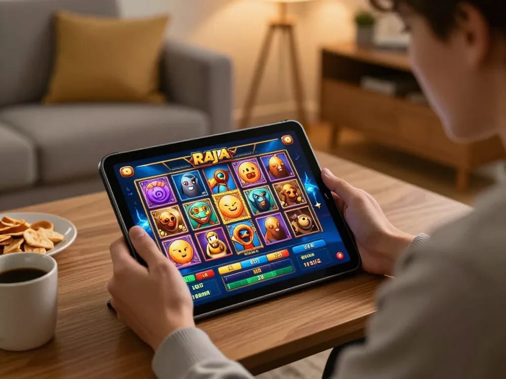 Pemain menikmati raja slot di tablet dalam setting rumah yang nyaman, menampilkan grafis berwarna-warni.