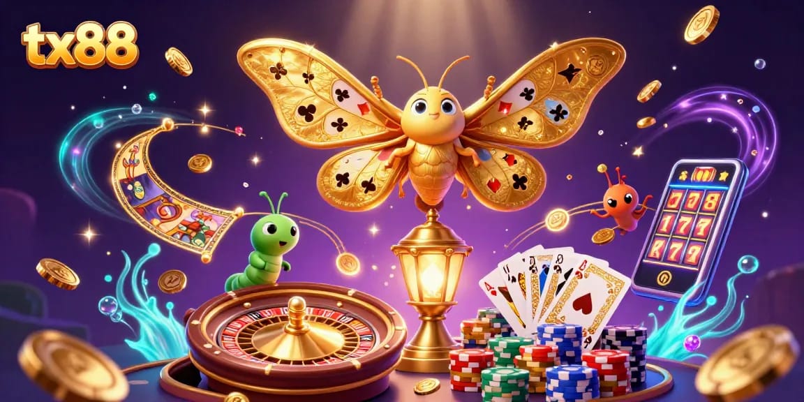 Experience tx88's thrilling casino atmosphere with vibrant characters amidst a cascade of gold and jewels.