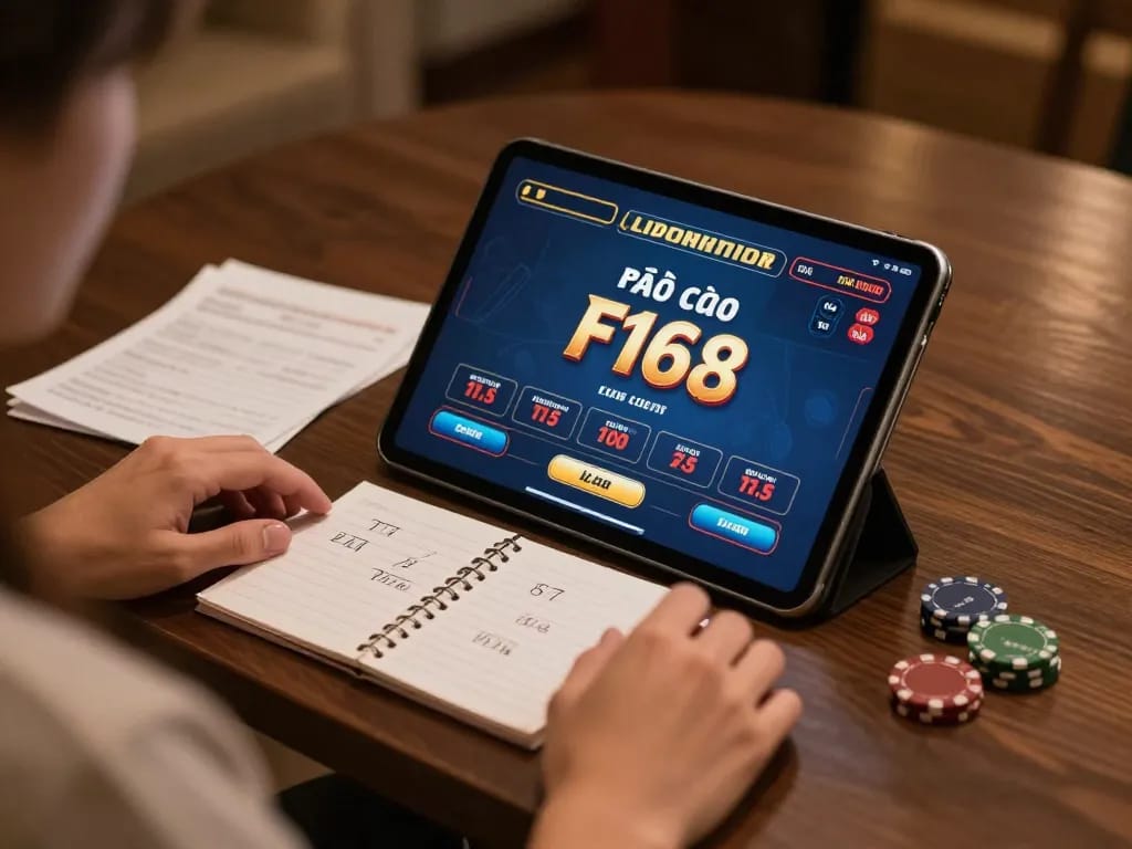 Engaging with live casino games on nhà cái F168 with a modern tablet setup for strategic betting.