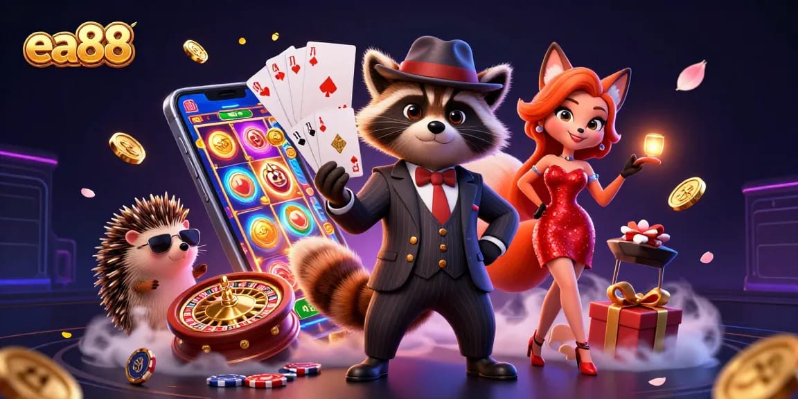 Experience the vibrant excitement of ea88 with a suave raccoon, dazzling fox, and bouncer in a lively casino scene.