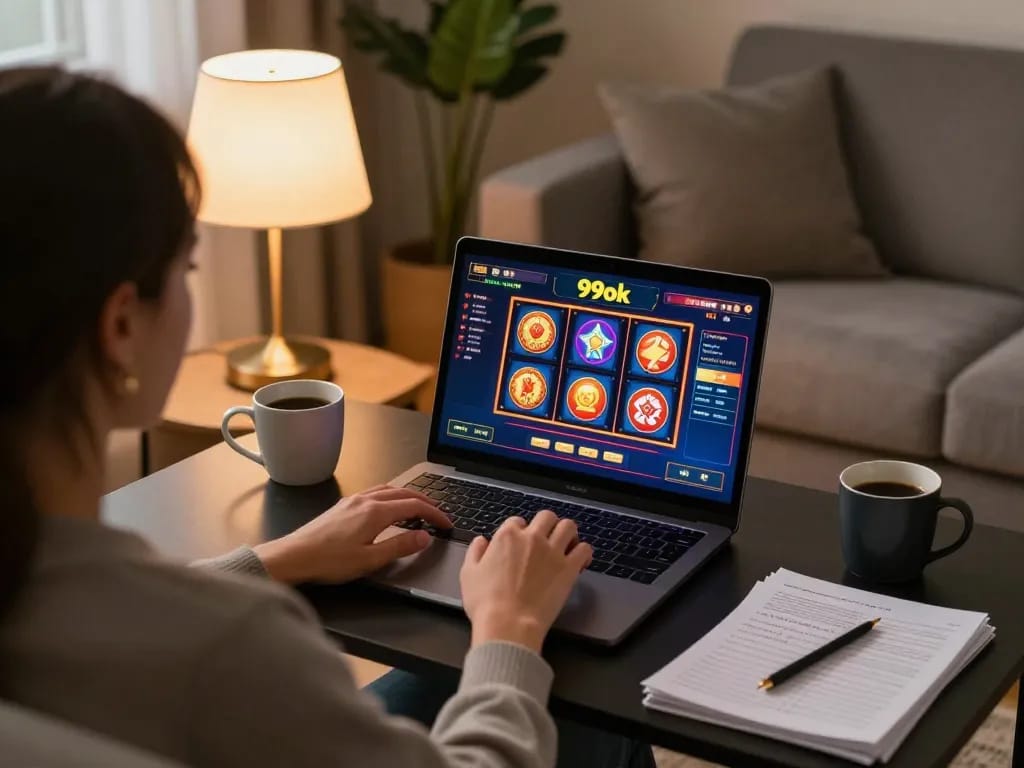 Person playing an online casino game on 99ok platform from a cozy living room, strategic betting with laptop.