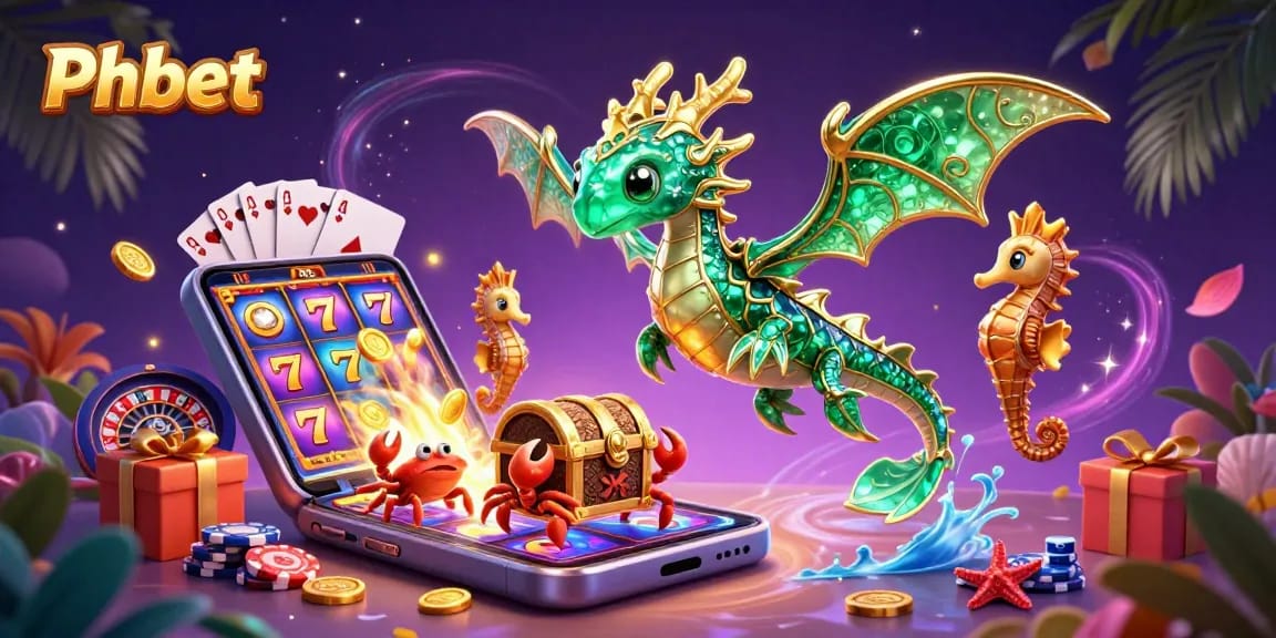 Engage in thrilling Phbet games featuring a majestic dragon, seahorses, and vibrant slot reels.