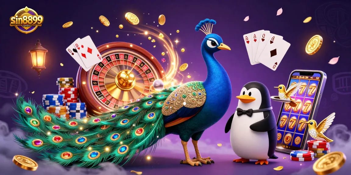 Engage with sin8899 in a vibrant 3D casino scene filled with colorful gaming elements and dynamic characters.