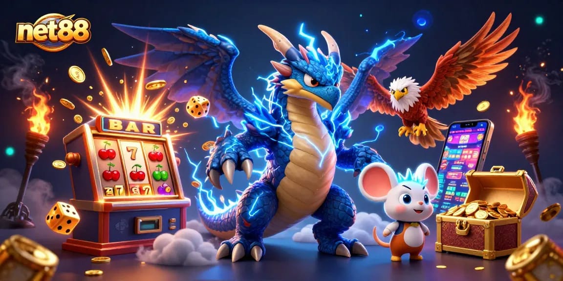 Net88 visuals showcase thrilling casino gaming with characters amidst vibrant slot machine action.