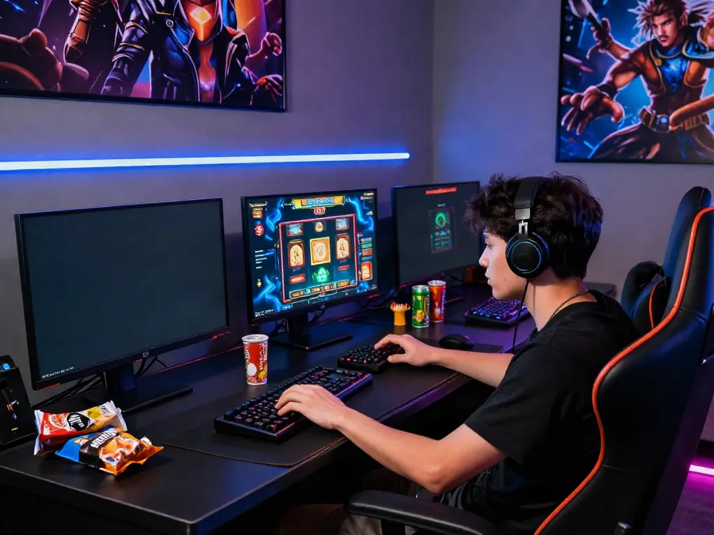 Player enjoying rokok88 online gaming experience, vibrant slot games displayed on multiple screens.