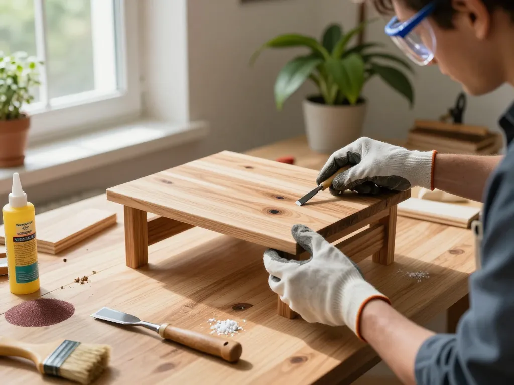 Ispezionare i mobili in legno per tarli del legno durante il restauro con strumenti e luce naturale.