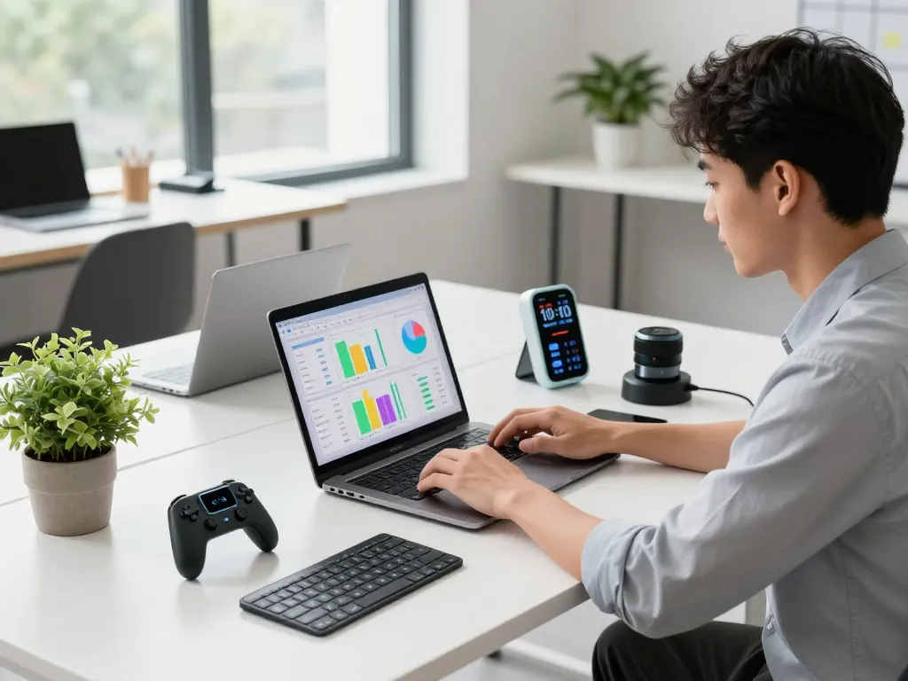 Discover innovative tech gadgets at a modern workspace featuring Bluetooth devices, fitness trackers, and smart tools.