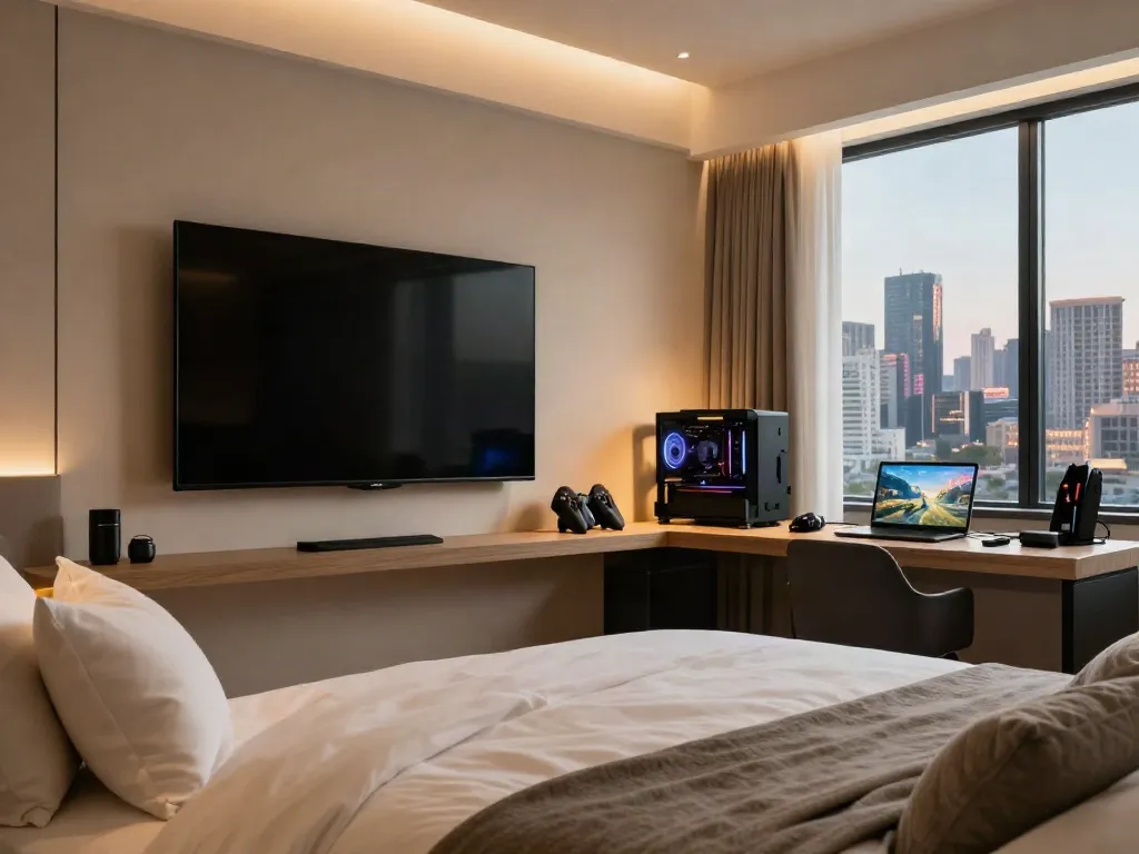 rokok88 hotel room with gaming setup and city view