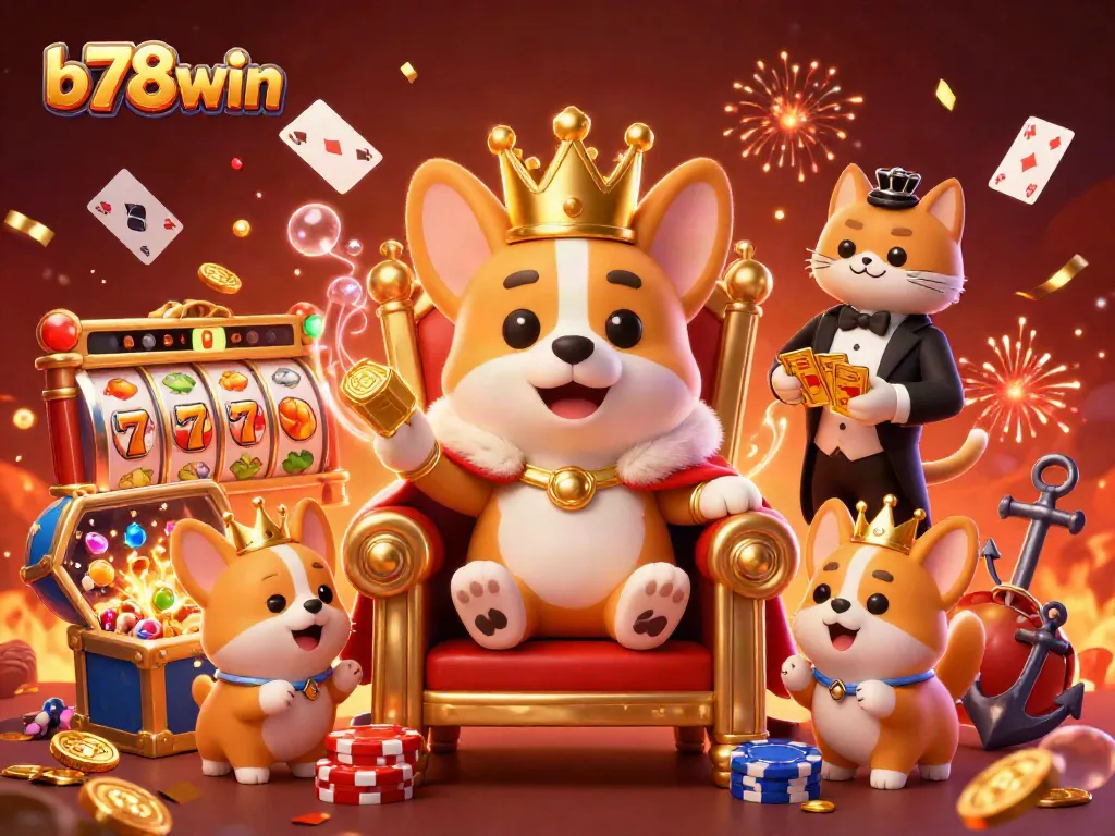 Experience winning with b78win's vibrant slot adventure featuring royalty and excitement in a dynamic casino scene.