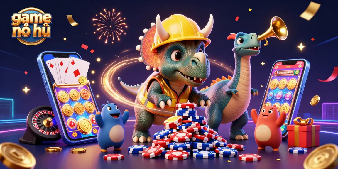 Experience game nổ hũ with joyful triceratops and companion characters celebrating jackpots amid vibrant casino elements.