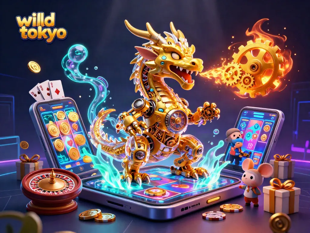 Engage with wild tokyo in a vibrant casino scene featuring a golden dragon and exciting gaming elements.